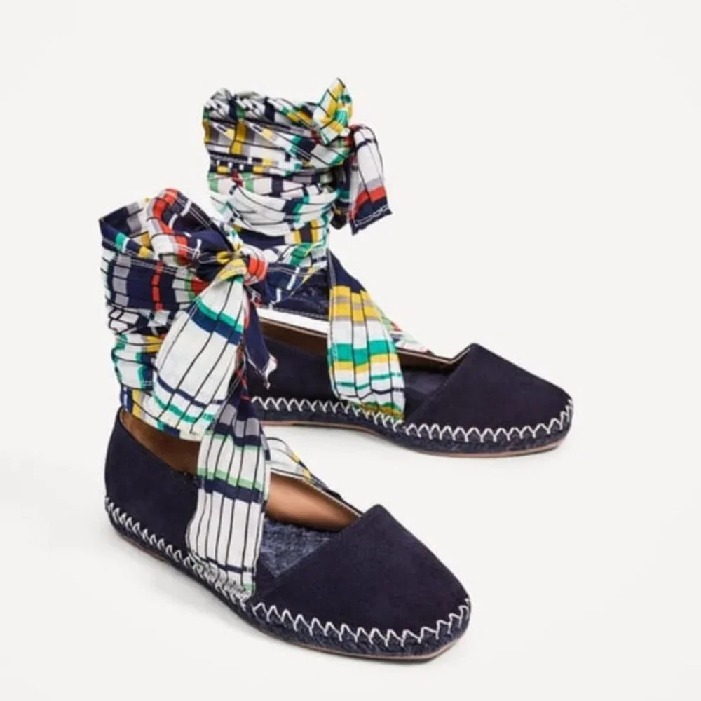 ZARA Woman Navy Suede Ribbon Lace Up‎ Espadrilles Size 39 EU / 8 US